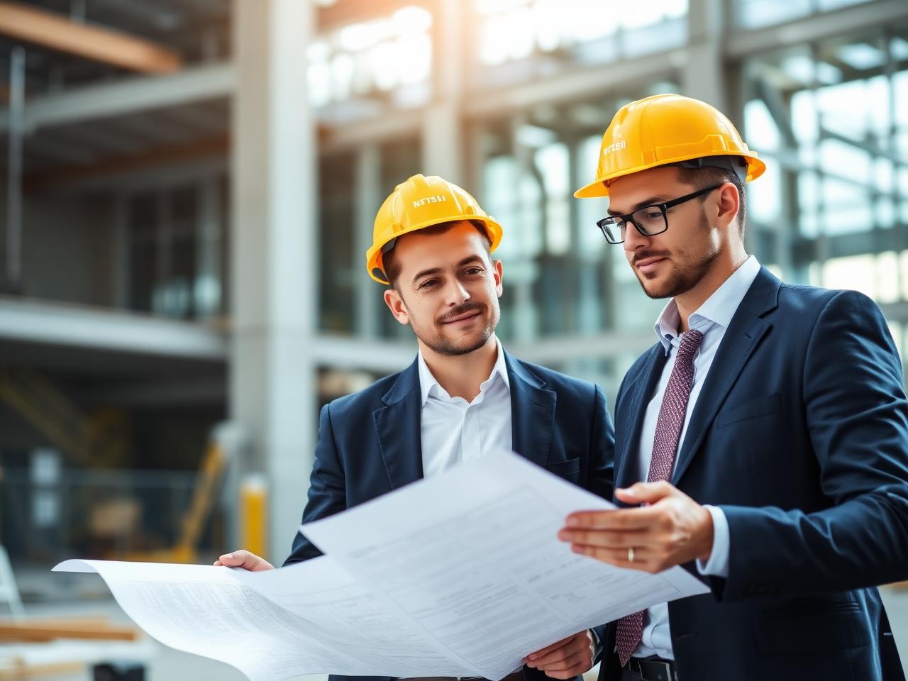 Two commercial contractors reviewing project plans